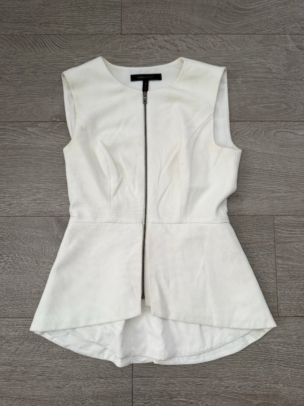 BCBGMAXAZRIA White Sleeveless Full Zip Asymmetric Peplum Top XXS